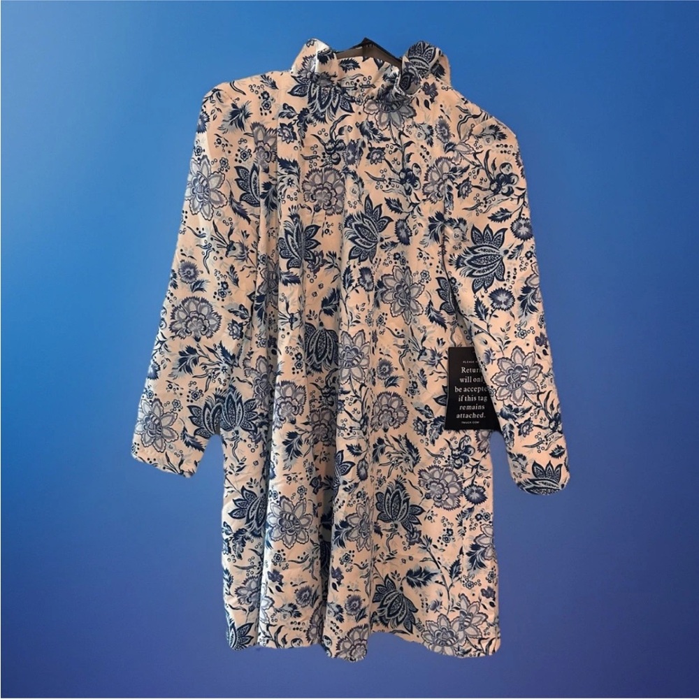 Tuckernuck Daphne Floral Mini Dress High Neck with Back Tie, Blue Chintz, Size S